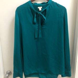 Teal, tie neck, long-sleeved JCrew blouse